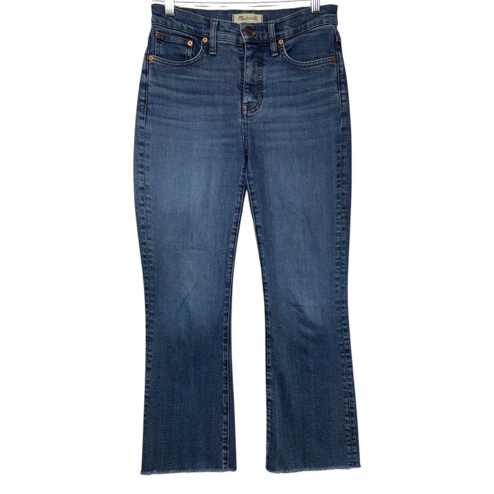 Madewell Mid-Rise Kick Out Jeans Blue Raw Hem Flare Denim Size 26